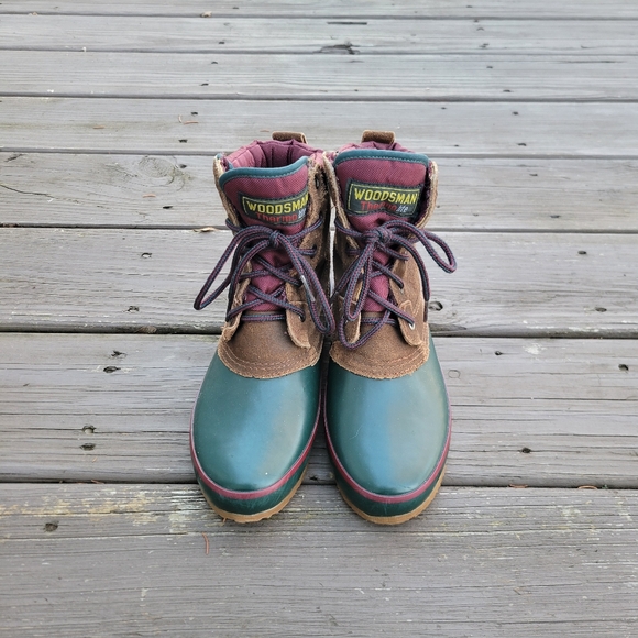 Vintage‎ 90s y2k Woodsman Brown Roughout Suede Leather Green Rubber Duck Boots 7 - Picture 5 of 9